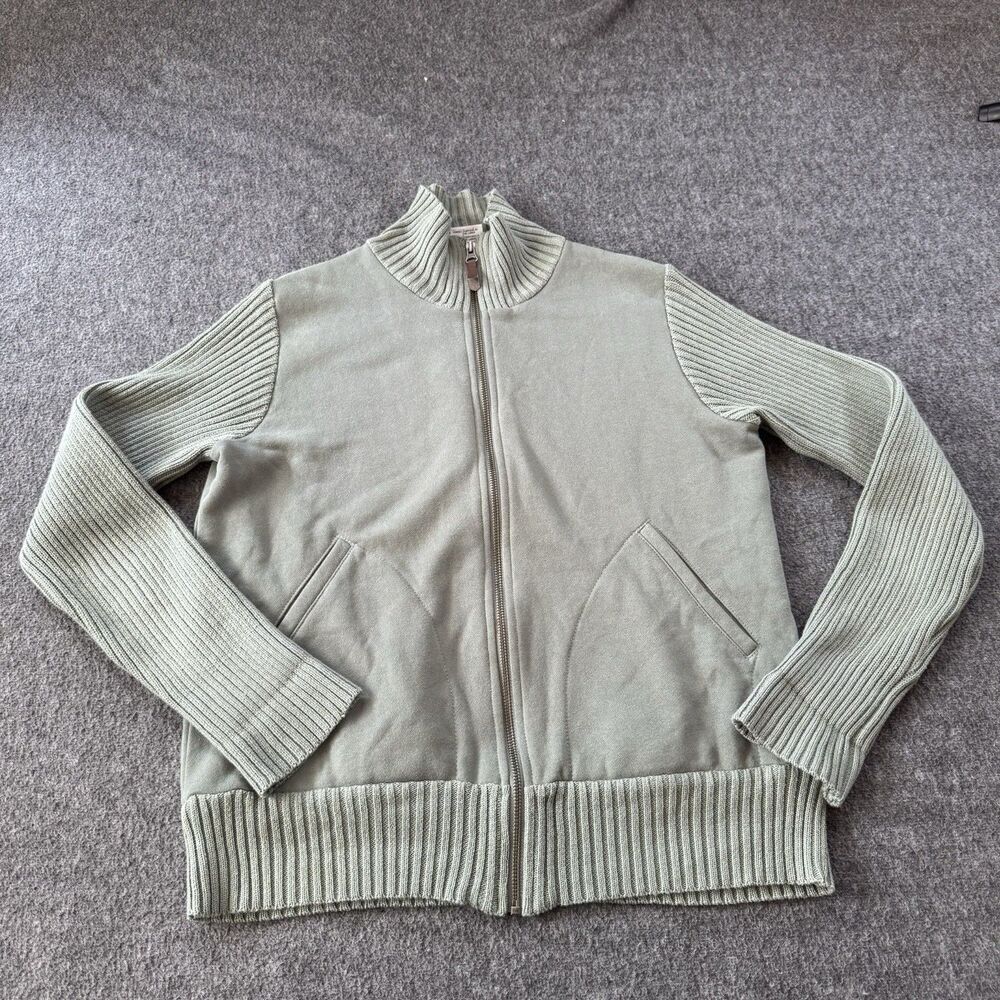 Columbia Knit Sweater Women Size Medium Green Full-Zip Stretch Mock Neck Pockets